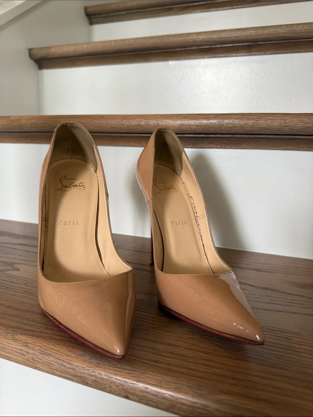 Christian Louboutin Nude Patent Pointed-Toe Stiletto Pumps with Red Soles